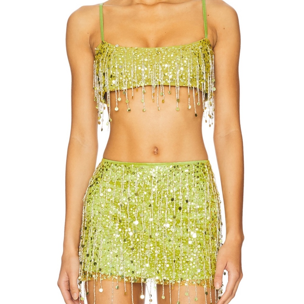 Yasmin Hand Beaded bralette & skirt - asta resort- chartreuse